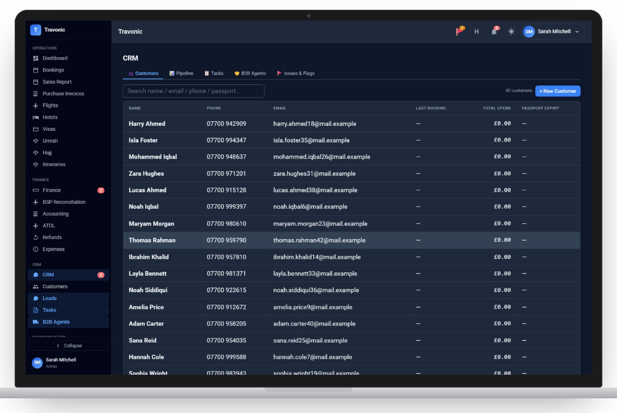 Customer list with contact details and spend