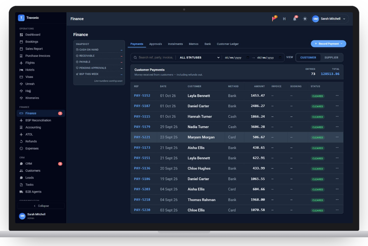 Customer payments list with method, amount and status