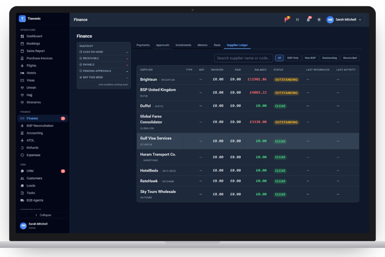 Supplier ledger with outstanding balances